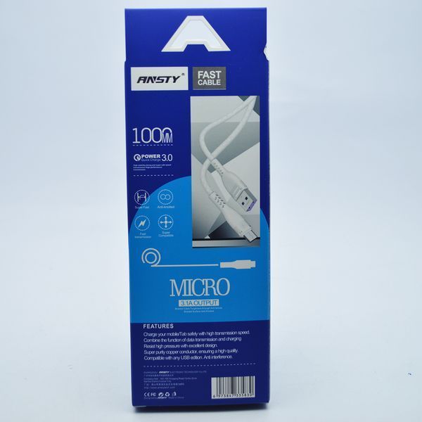 Кабель ANSTY S-035-A Zinc Alloy Micro USB QC 3.1A 1M White 49640 фото