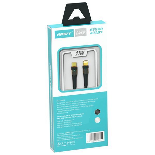 Кабель ANSTY S-053-PI Type-C to Lightning 27W 1M Nylon LED Чорний 94159 фото