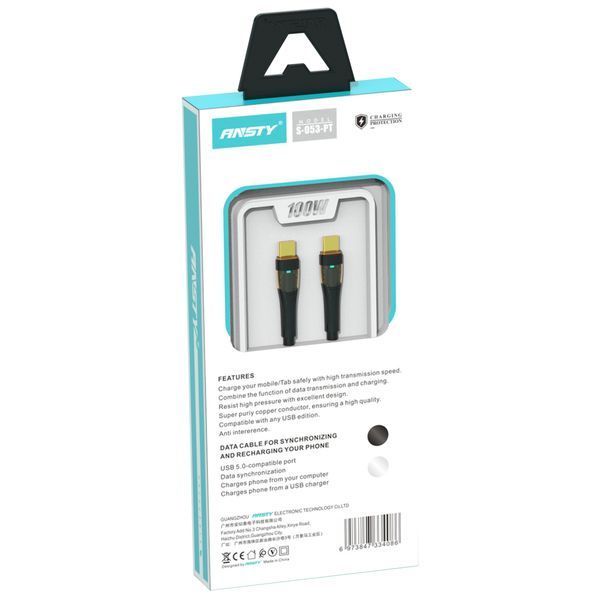 Кабель ANSTY S-053-PT Type-C to Type-C 100W 1M Nylon LED Чорний 80448 фото