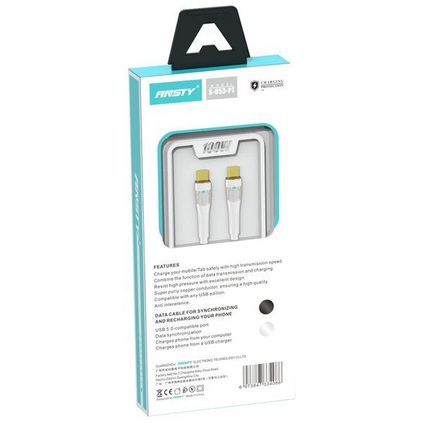 Кабель ANSTY S-053-PT Type-C to Type-C 100W 1M Nylon LED Білий 45608 фото