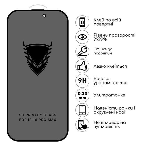 Захисне скло OG Golden Armor антишпигун для Apple iPhone 16 Pro Black 62849 фото