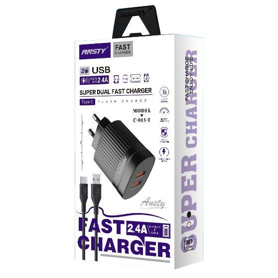 Мережевий зарядний пристрій ANSTY C-015-T with Type-C cable 2USB 2.4A Білий 31188 фото