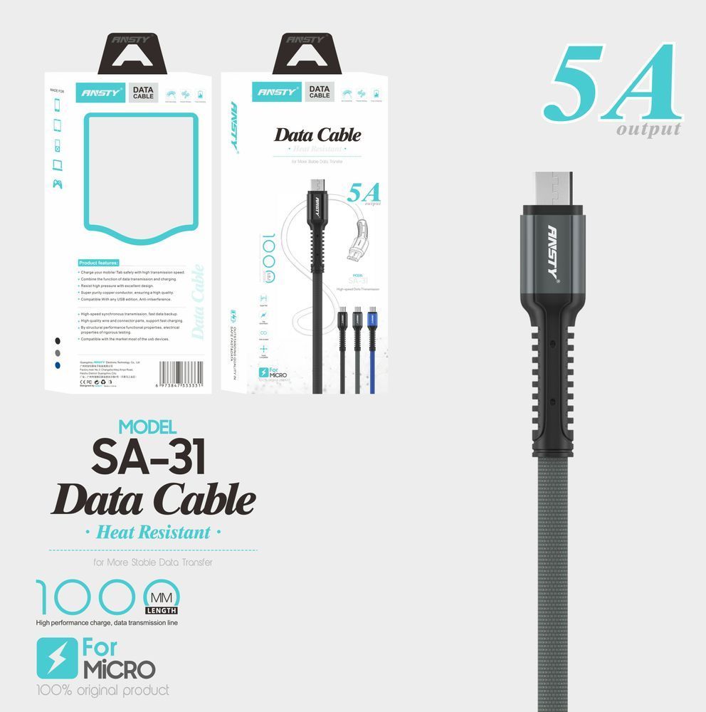 Кабель ANSTY SA-31 Micro USB Nylon 2.4A 1M Black 45883 фото