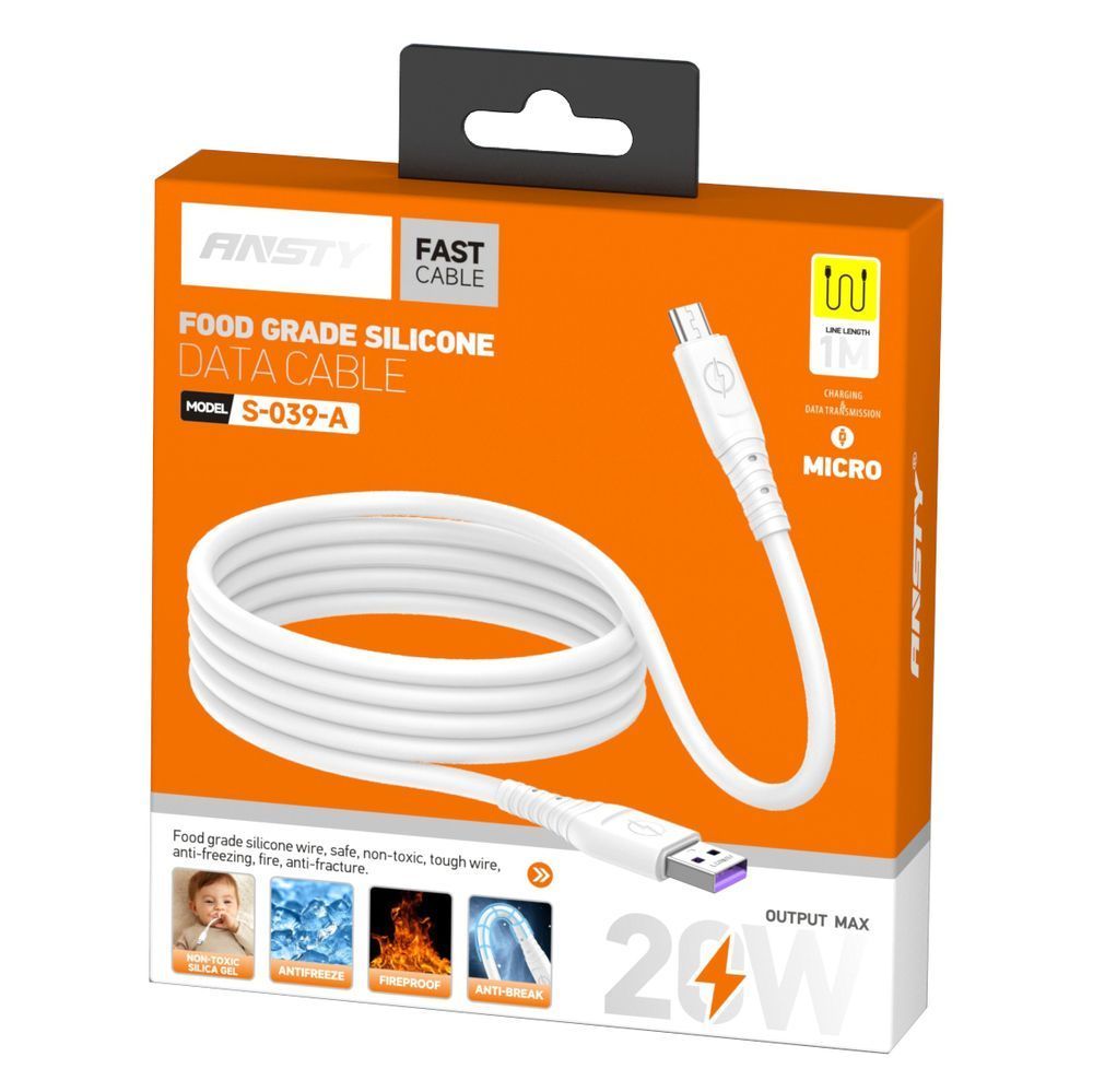 Кабель ANSTY S-039-A Micro USB Silicone 5A 1M Белый 94531 фото