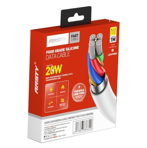 Кабель ANSTY S-039-I Lightning Silicone 5A 1M Білий 71914 фото