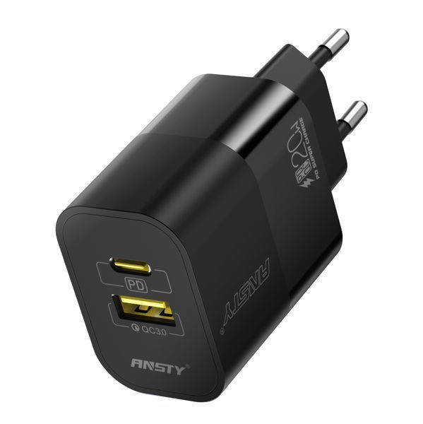 Мережевий зарядний пристрій ANSTY AY-017 with Type-C to Type-C cable 20W PD + QC3.0 CE Чорний 85865 фото