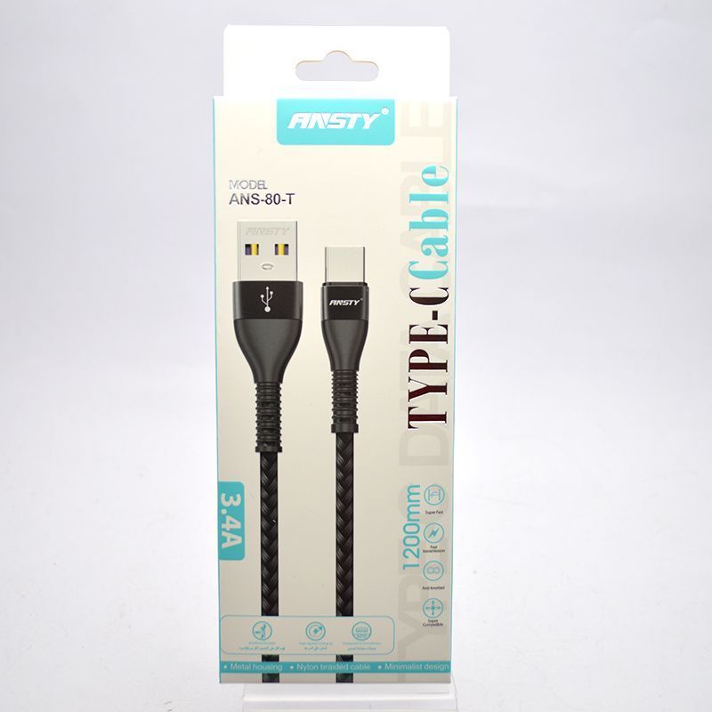 Кабель ANSTY ANS-80-T Nylon Type-C 3.4A 1.2M Black 90489 фото