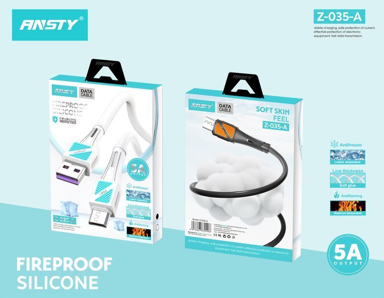 Кабель ANSTY Z-035-A Micro USB Silicone 5A 1M Черный 97203 фото
