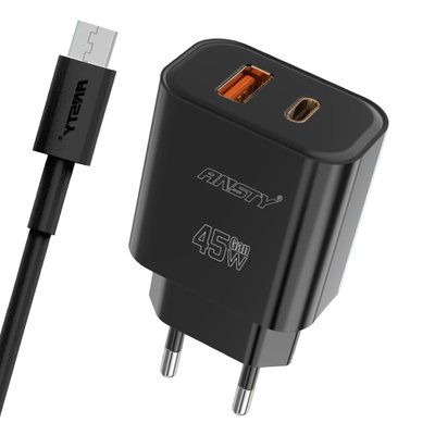 Мережевий зарядний пристрій ANSTY Q-040-A with Micro USB cable 45W (1USB 20W + Type-C 25W) Чорний 97616 фото