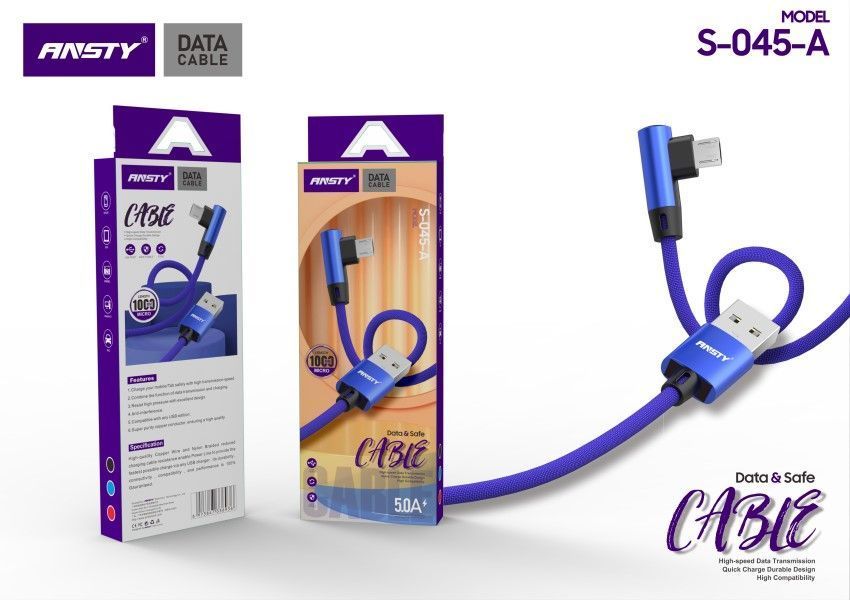 Кабель ANSTY S-045-A Micro USB кутовий Nylon 2.4A 1M Blue 91497 фото