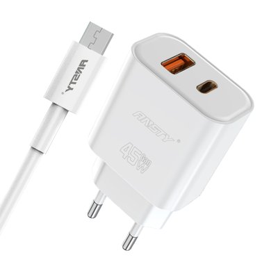 Мережевий зарядний пристрій ANSTY Q-040-A with Micro USB cable 45W (1USB 20W + Type-C 25W) Білий 91654 фото