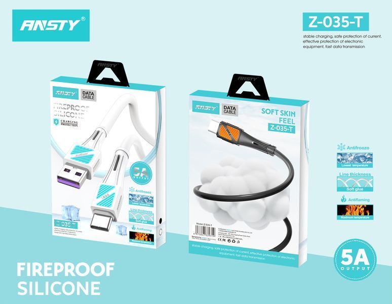 Кабель ANSTY Z-035-T type-C Silicone 5A 1M Чорний 72260 фото