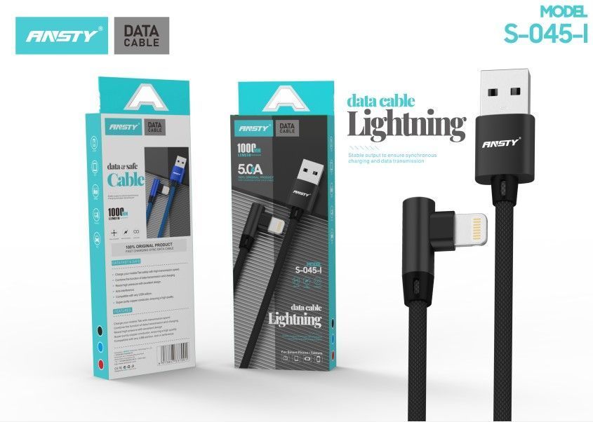 Кабель ANSTY S-045-I Lightning кутовий Nylon 2.4A 1M Black 85566 фото