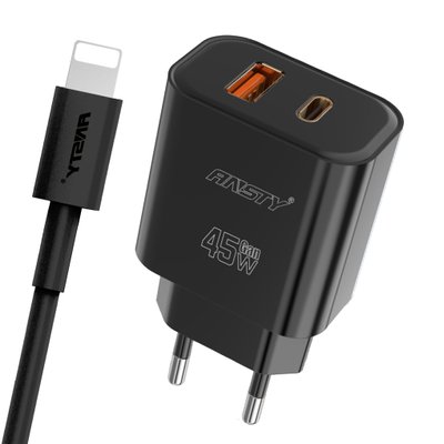 Мережевий зарядний пристрій ANSTY Q-040-I with Lightning cable 45W (1USB 20W + Type-C 25W) Чорний 75023 фото