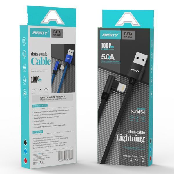 Кабель ANSTY S-045-I Lightning угловой Nylon 2.4A 1M Синий 32832 фото