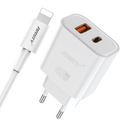 Мережевий зарядний пристрій ANSTY Q-040-I with Lightning cable 45W (1USB 20W + Type-C 25W) Білий 87849 фото