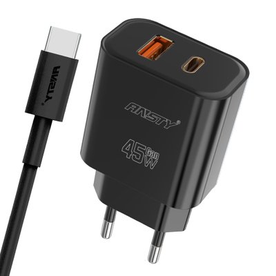 Мережевий зарядний пристрій ANSTY Q-040-T with Type-C cable 45W (1USB 20W + Type-C 25W) Чорний 26437 фото