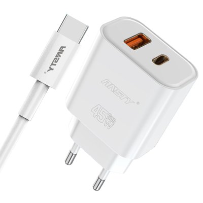 Мережевий зарядний пристрій ANSTY Q-040-T with Type-C cable 45W (1USB 20W + Type-C 25W) Білий 58593 фото