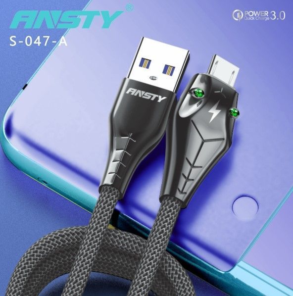 Кабель ANSTY S-047-A Micro USB LED Snake Nylon 5A 1M Black 67355 фото
