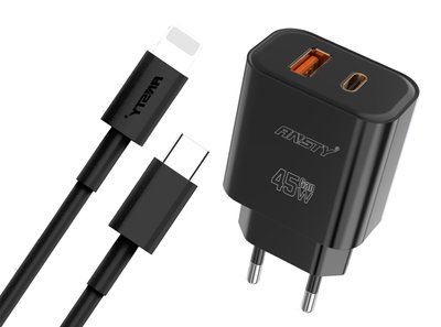 Мережевий зарядний пристрій ANSTY Q-040-PI with Type-C to Lightning cable 45W (1USB 20W + Type-C 25W) Чорний 73499 фото