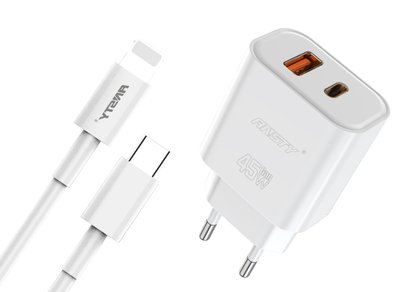 Мережевий зарядний пристрій ANSTY Q-040-PI with Type-C to Lightning cable 45W (1USB 20W + Type-C 25W) Білий 77780 фото