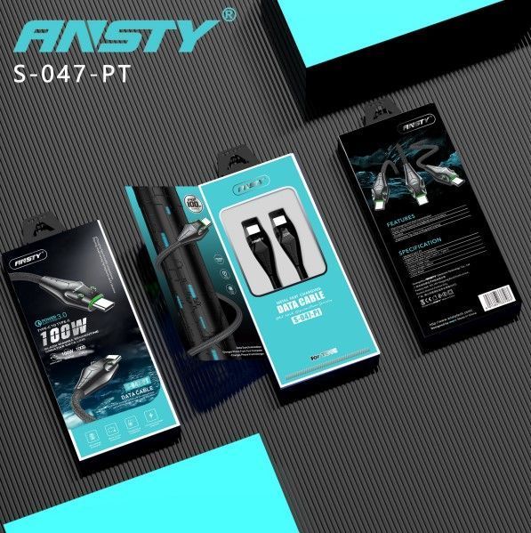 Кабель ANSTY S-047-PT Type-C to Type-C LED Snake Nylon 65W 1M Black 68338 фото
