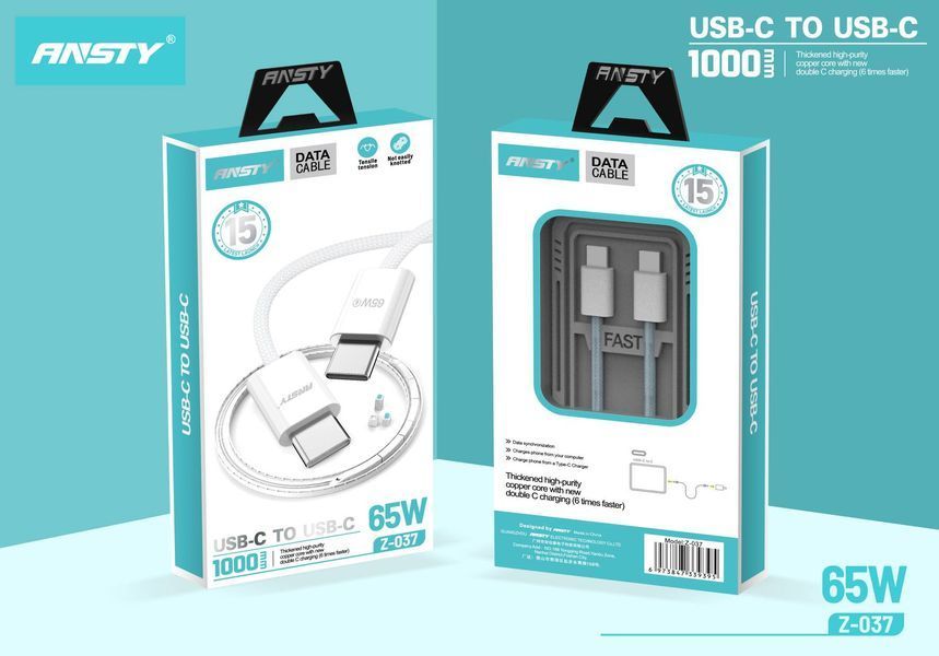Кабель ANSTY Z-037 Type-C to Type-C Silicone 65W 1M Білий 29085 фото