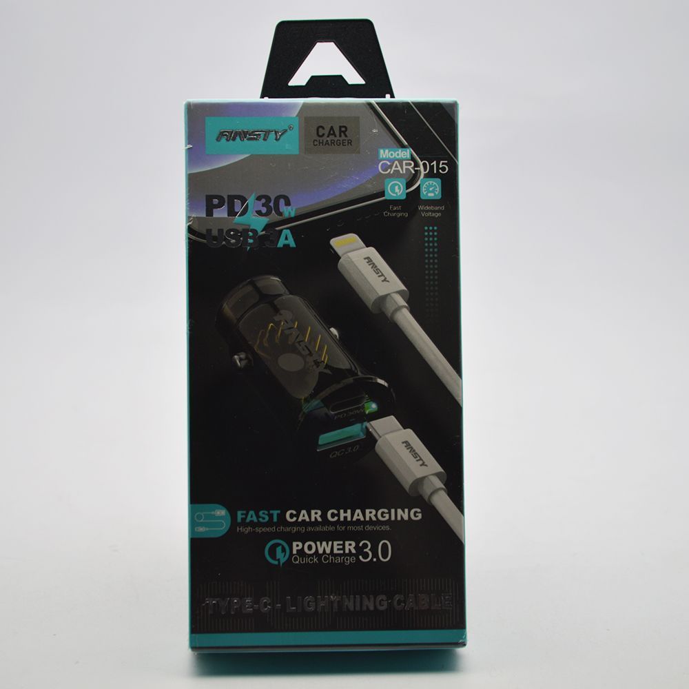 Автомобильное зарядное устройство ANSTY CAR-015 (1 USB 3A/1 Type-C 30W) с Type-C to Lightning кабелем Black 15855 фото