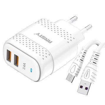 Мережевий зарядний пристрій ANSTY C-048-A with Micro USB cable 2USB 3.4A Білий 85896 фото