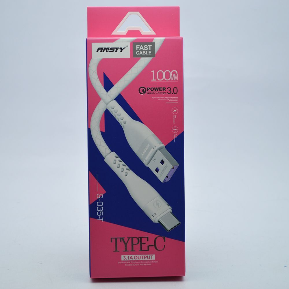 Кабель ANSTY S-035-T Zinc Alloy Typc-C QC 3.1A 1M White 77508 фото