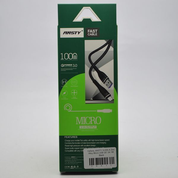 Кабель ANSTY S-035-A Zinc Alloy Micro USB QC 3.1A 1M Black 26912 фото
